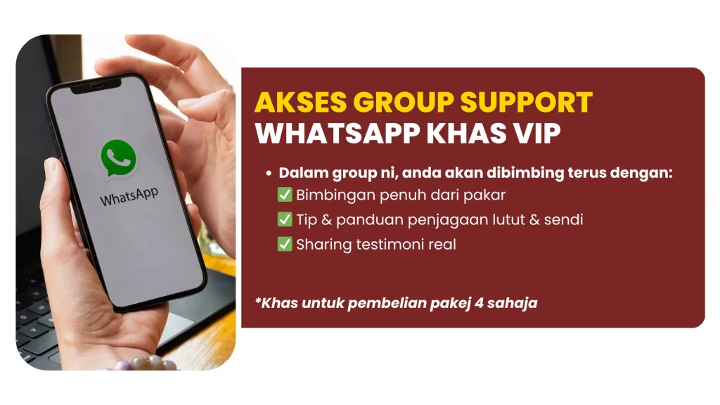 Akses group support WhatsApp VIP Synovil dengan bimbingan pakar, tip penjagaan lutut, dan sharing testimoni
