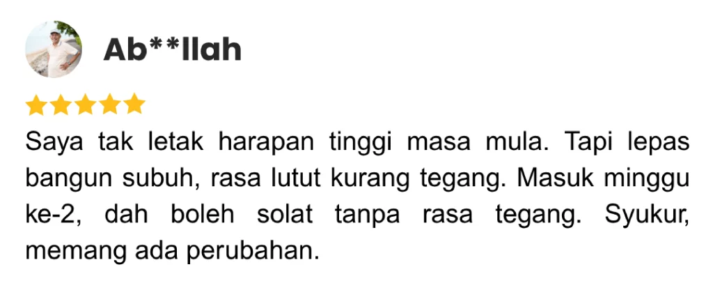 Testimoni pengguna Synovil: lutut kurang tegang dan boleh solat tanpa rasa sakit selepas minggu ke-2