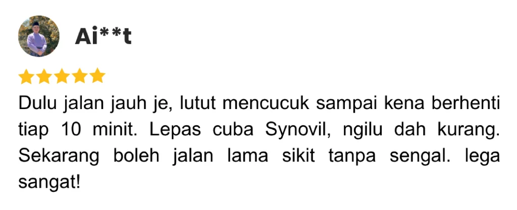 Testimoni pengguna Synovil: sakit lutut mencucuk semasa berjalan jauh, kini dah boleh jalan lama tanpa rasa sengal