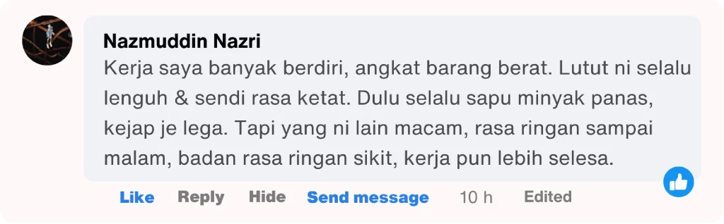 Testimoni pengguna - kerja berat lutut lenguh rasa lega selepas amal Synovil