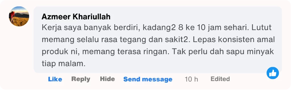 Testimoni pelanggan Synovil – lutut terasa ringan walaupun berdiri 10 jam sehari