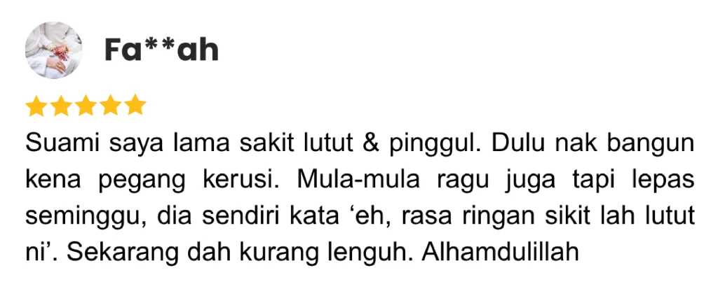 Testimoni pengguna Synovil: suami rasa lutut dan pinggul ringan selepas seminggu, dah kurang lenguh