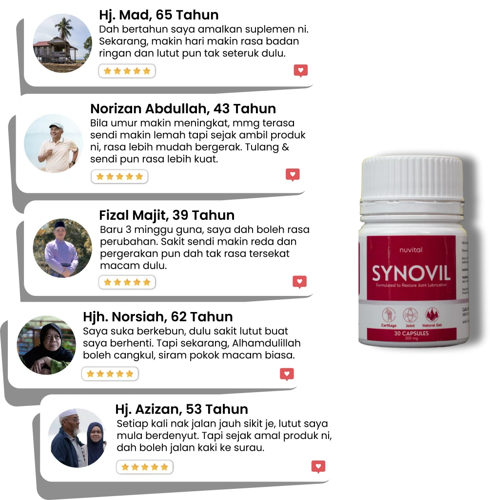 Testimoni pengguna Synovil – masalah lutut semakin baik, sakit berkurang, dan pergerakan makin lancar